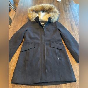 Nine West Black Wool Blend Coat Hood with Fur POCKETS classic Preppy  size small